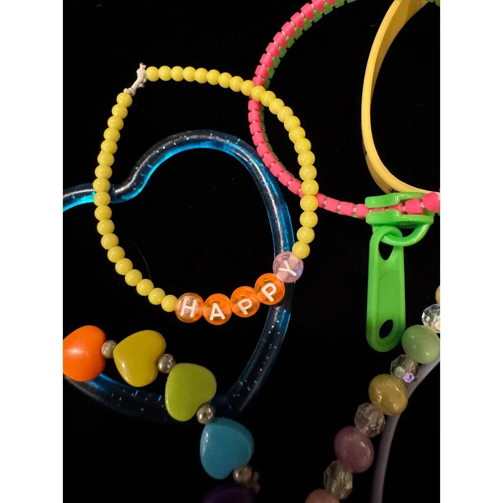 Kids 17pc Jewelry Lot Beaded Necklaces Zipper Heart Bracelets Character Charms